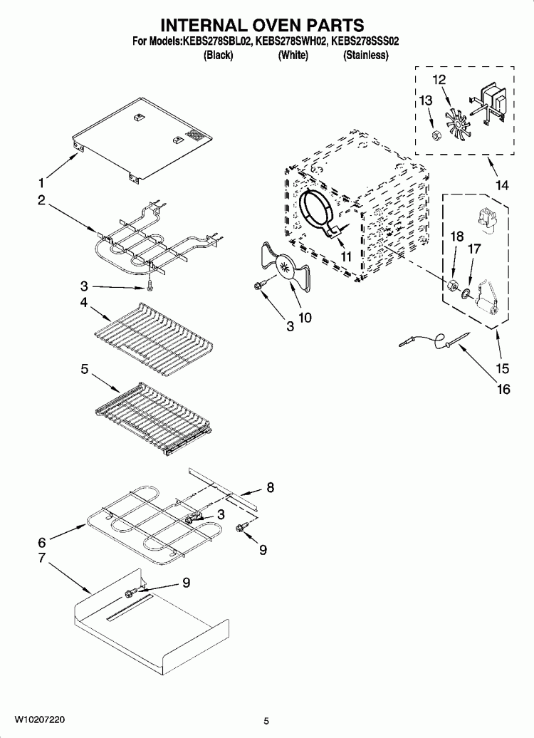 INTERNAL OVEN PARTS Diagram and Parts List for KEBS278SBL02  KitchenAid Wall Oven