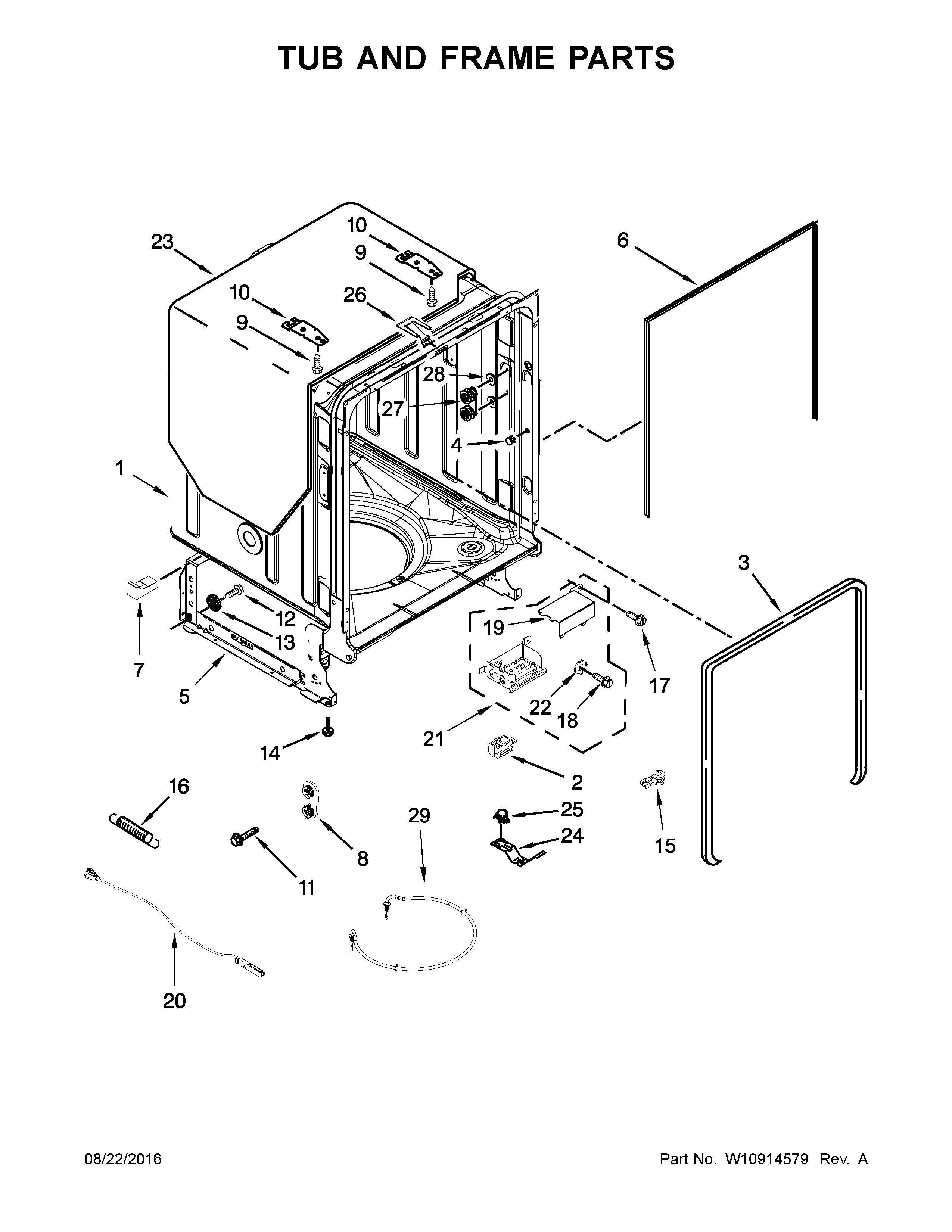 Tub And Frame Parts Diagram and Parts List for 66514565N610  Kenmore Dishwasher