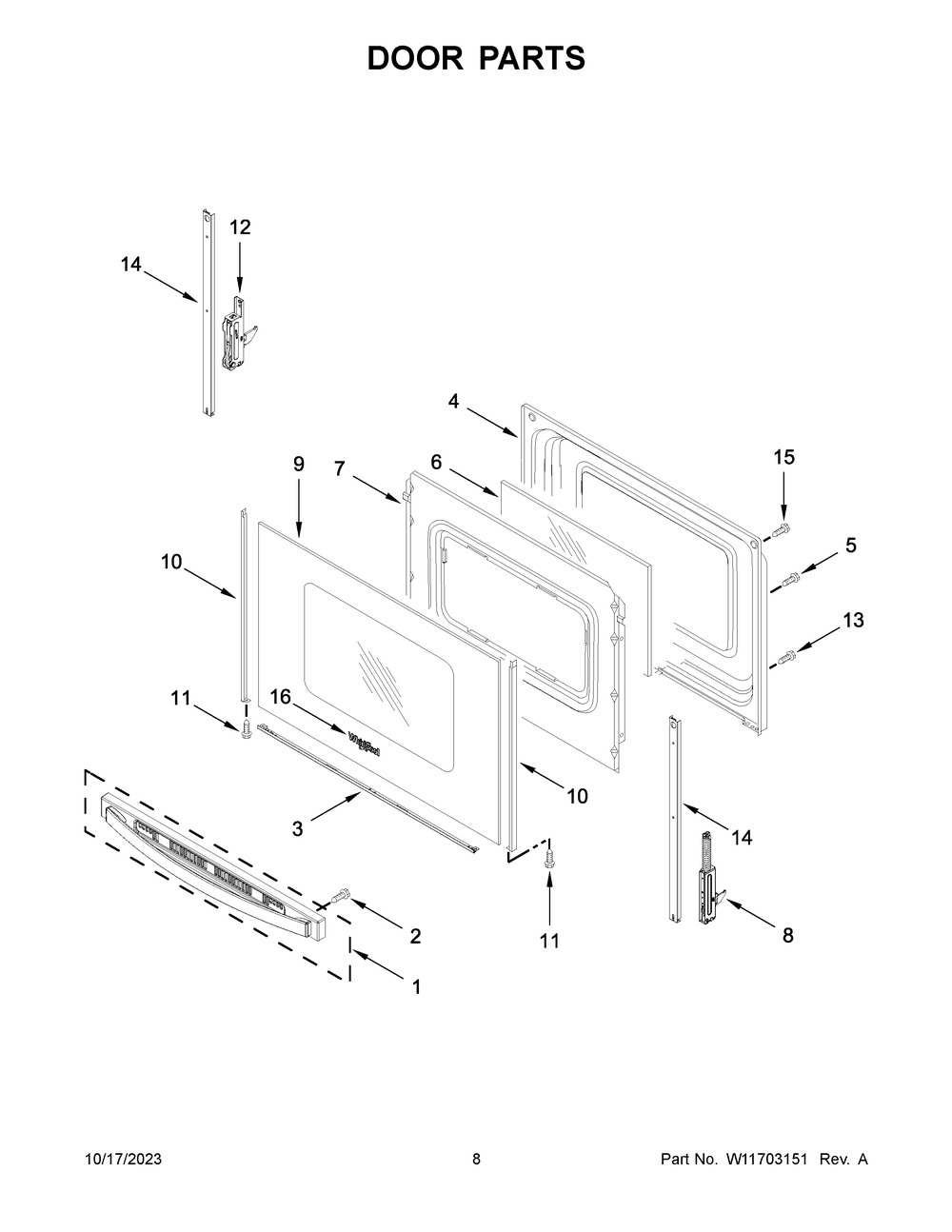 Door Parts Diagram and Parts List for YWFE505W0JZ4  Whirlpool Range