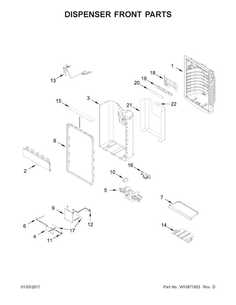 Dispenser Front Parts Diagram and Parts List for WRF993FIFM00  Whirlpool Refrigerator