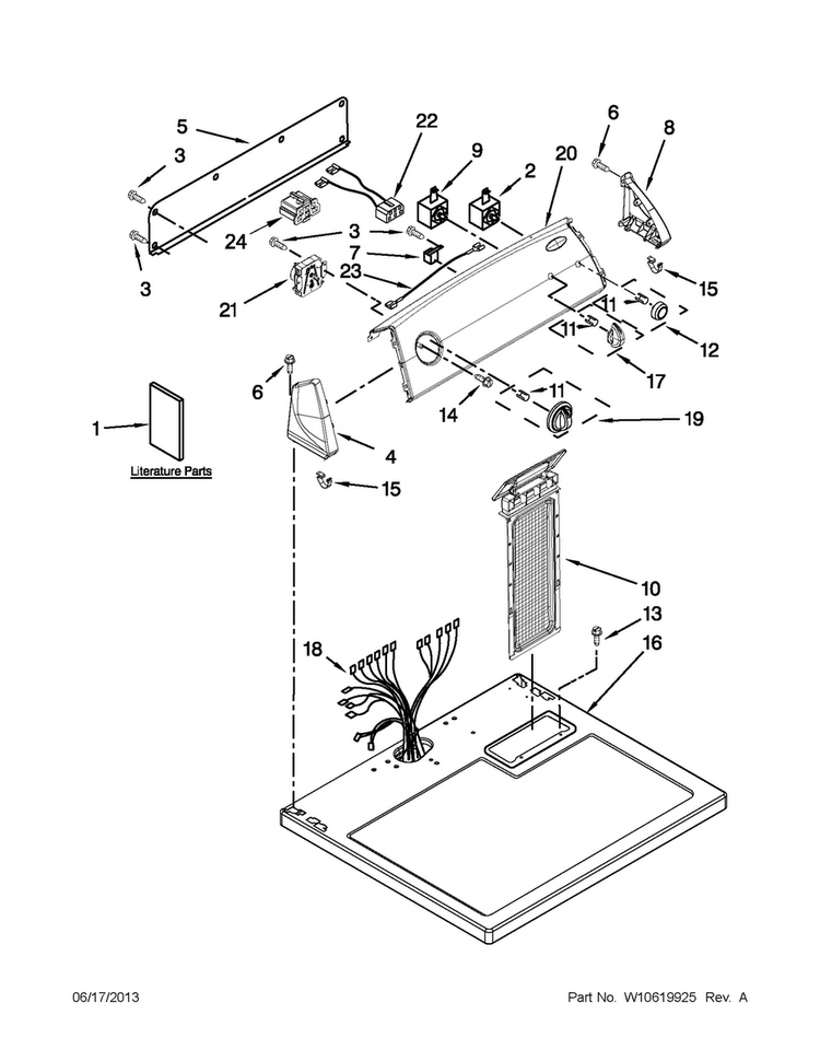 Top And Console Parts Diagram and Parts List for 3DWED4800YQ1  Whirlpool Dryer