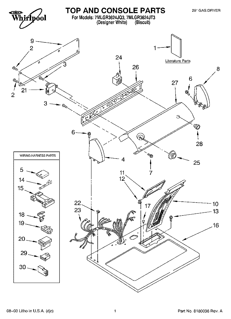 TOP AND CONSOLE PARTS Diagram and Parts List for 7MLGR3624JT3  Whirlpool Dryer