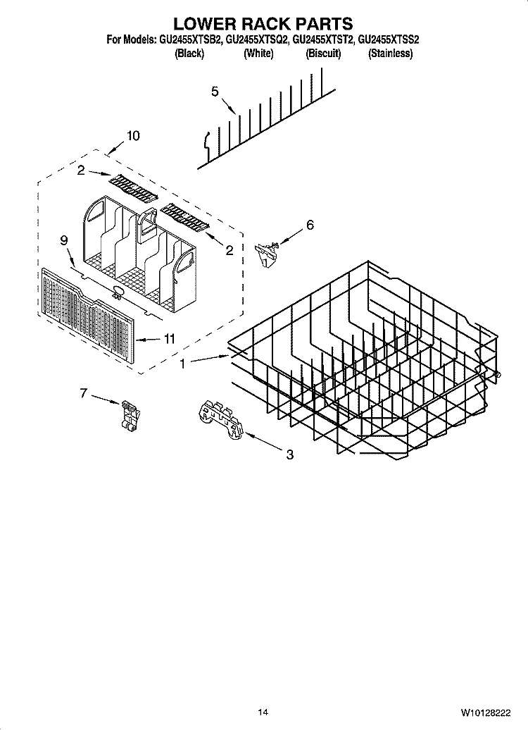 LOWER RACK PARTS, OPTIONAL PARTS (NOT INCLUDED) Diagram and Parts List for GU2455XTSB2  Whirlpool Dishwasher