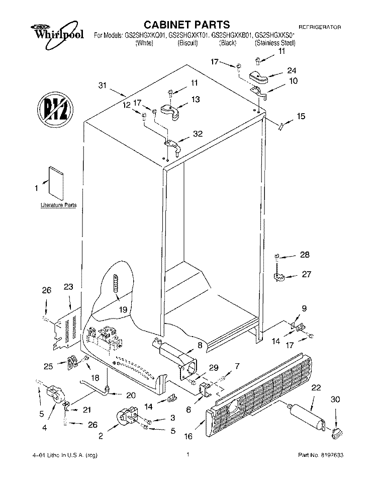 CABINET, LITERATURE Diagram and Parts List for GS2SHGXKT01  Whirlpool Refrigerator