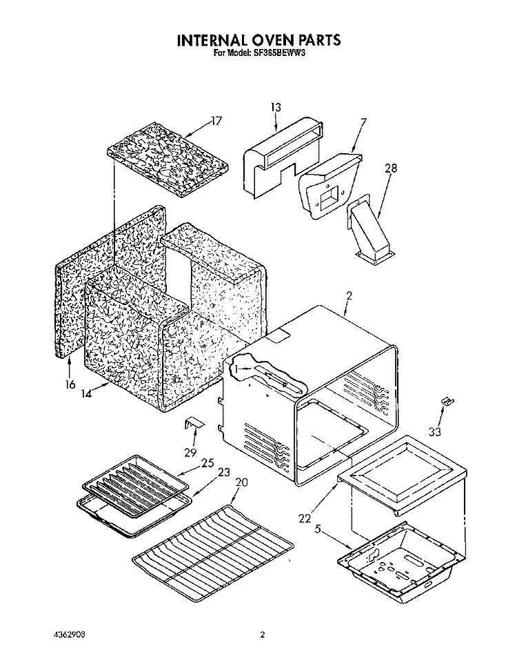 INTERNAL OVEN Diagram and Parts List for SF365BEWN3  Whirlpool Range
