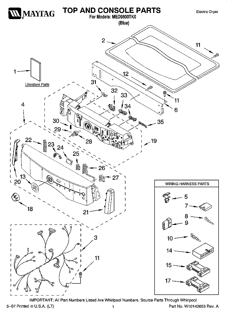 TOP AND CONSOLE PARTS Diagram and Parts List for MED9800TK0  Maytag Dryer