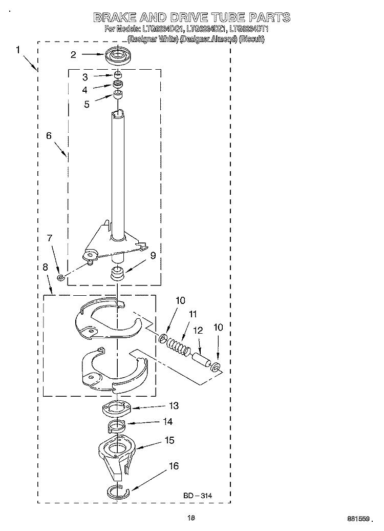 BRAKE AND DRIVE TUBE Diagram and Parts List for LTG6234DT1  Whirlpool Washer Dryer Combo