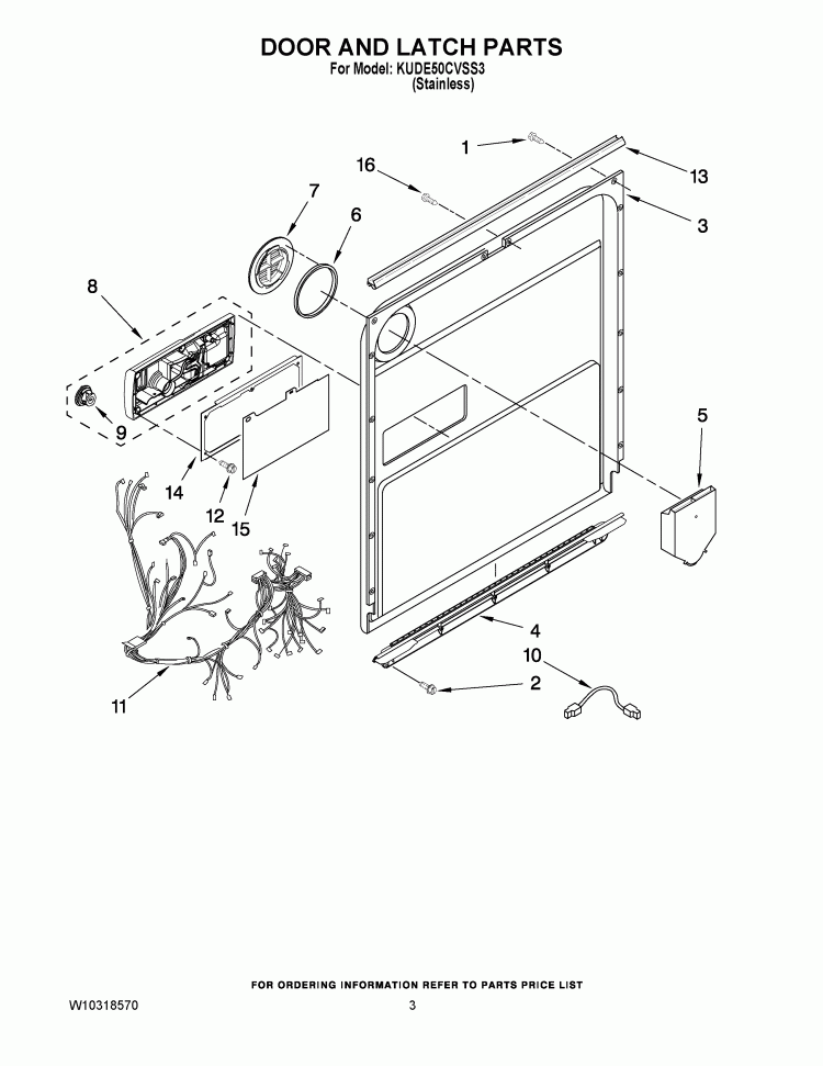 DOOR AND LATCH PARTS Diagram and Parts List for KUDE50CVSS3  KitchenAid Dishwasher