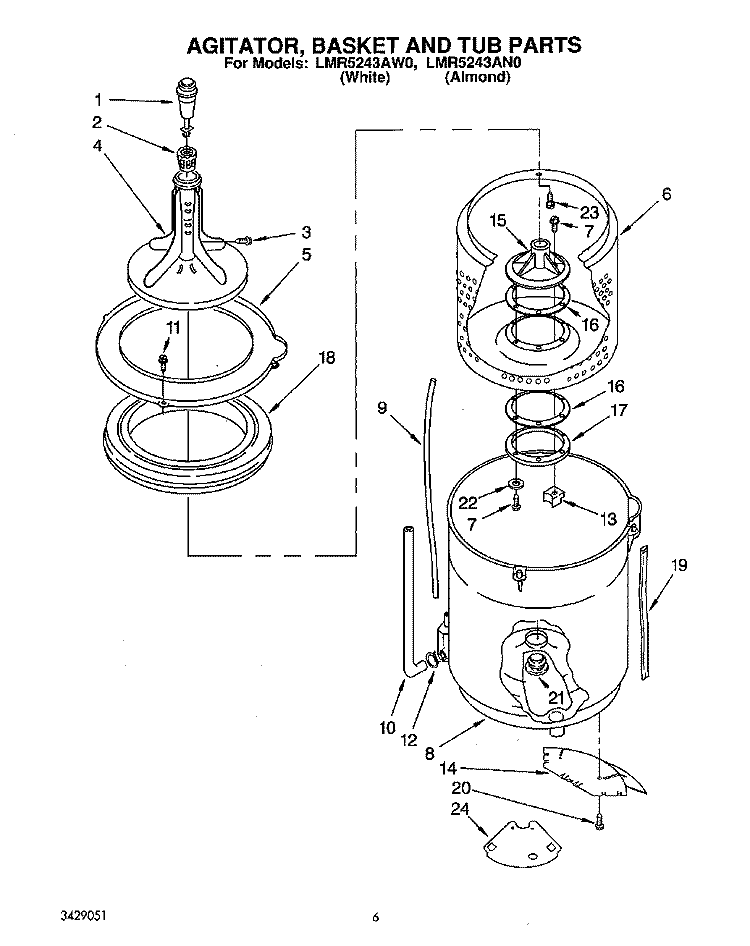 AGITATOR, BASKET AND TUB Diagram and Parts List for LMR5243AW0  Whirlpool Washer