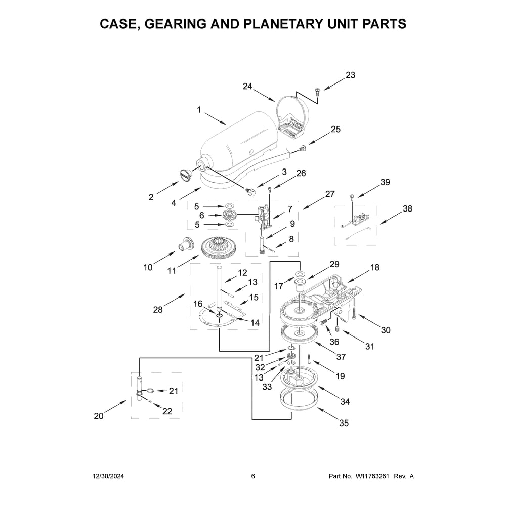 Case, Gearing And Planetary Unit Parts Diagram and Parts List for 5KSM195PSRBT5  KitchenAid Mixer