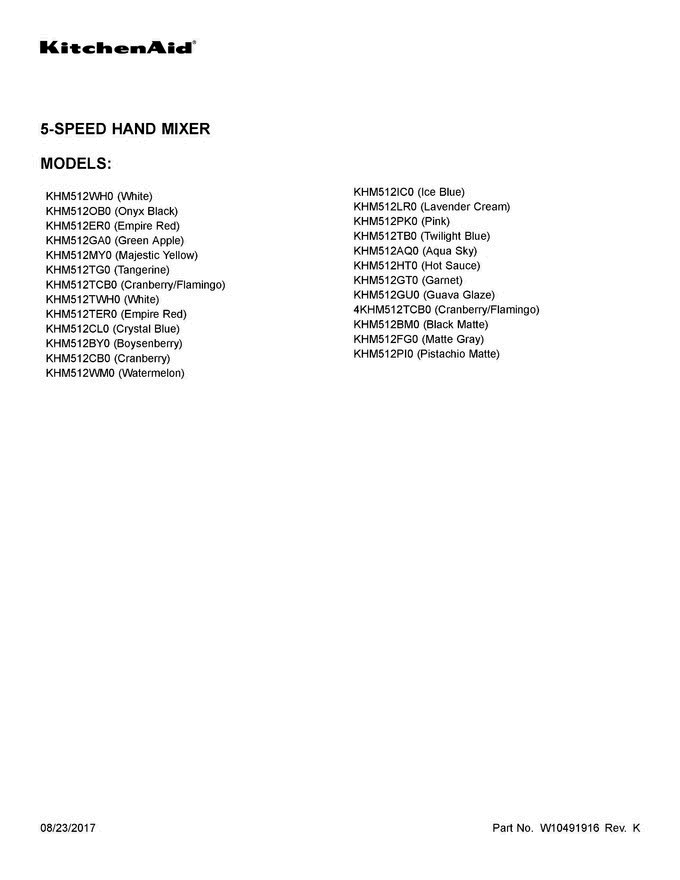 01 - Cover Sheet Diagram and Parts List for KHM512PI0  KitchenAid Mixer