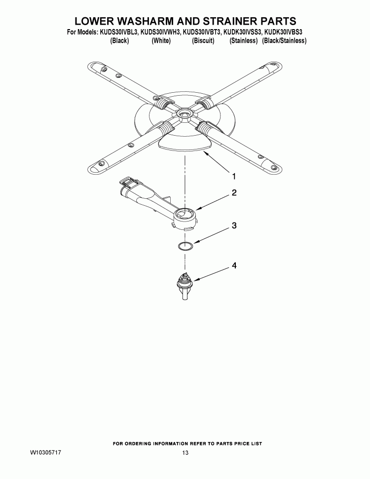 LOWER WASHARM AND STRAINER PARTS Diagram and Parts List for KUDK30IVSS3  Whirlpool Dishwasher