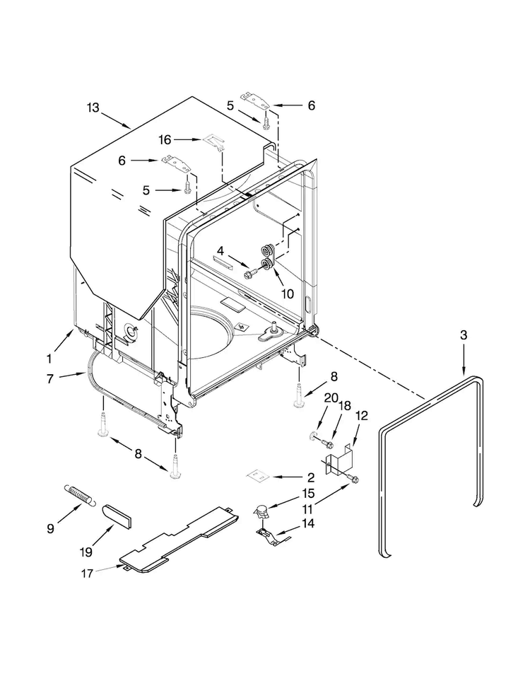 Tub And Frame Parts Diagram and Parts List for WDF520PADM0  Whirlpool Dishwasher