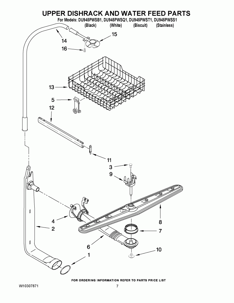 UPPER DISHRACK AND WATER FEED PARTS Diagram and Parts List for DU945PWSS1  Whirlpool Dishwasher