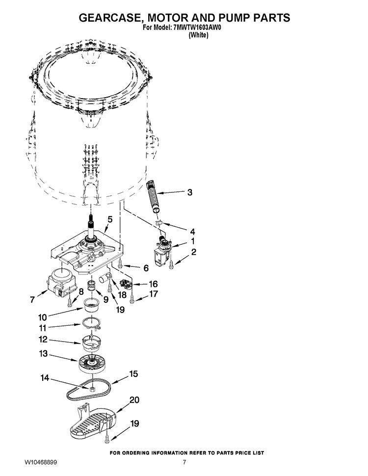 GEARCASE, MOTOR AND PUMP PARTS Diagram and Parts List for 7MWTW1603AW0  Whirlpool Washer