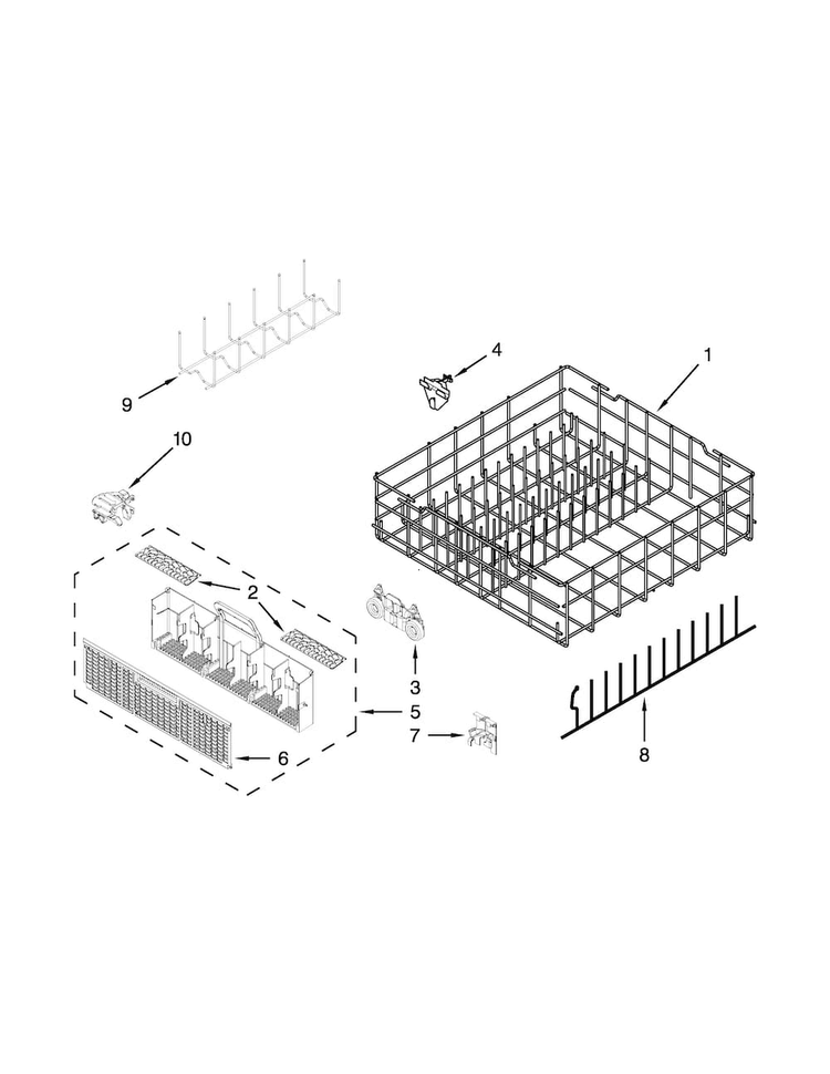 Lower Rack Parts Diagram and Parts List for WDF780SLYB3  Whirlpool Dishwasher
