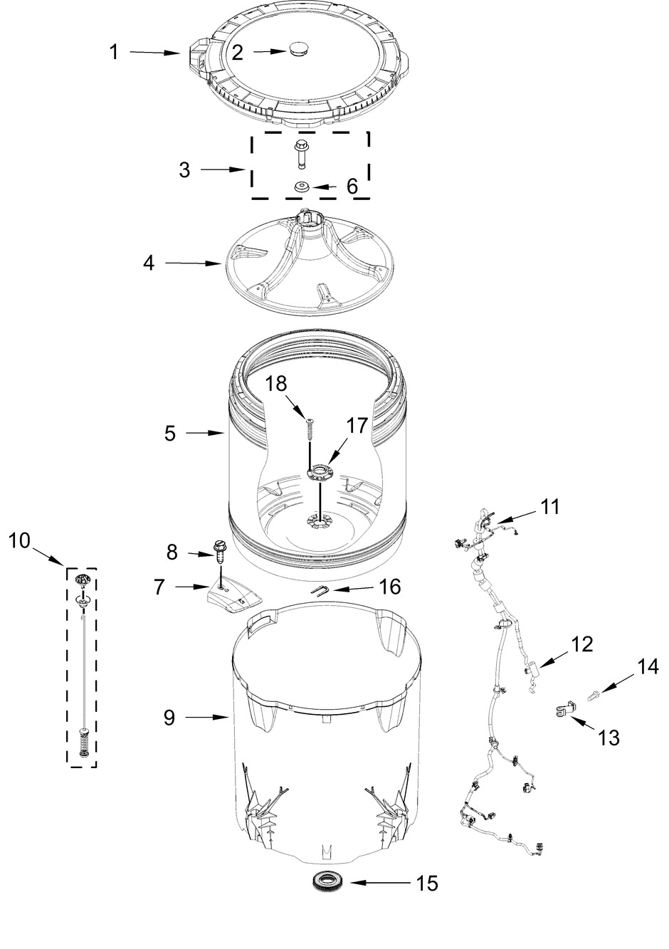 Basket And Tub Parts Diagram and Parts List for WTW4300SW0  Whirlpool Washer