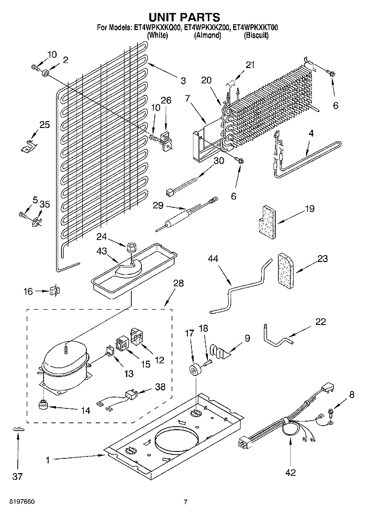 UNIT Diagram and Parts List for ET4WPKXKQ00  Whirlpool Refrigerator