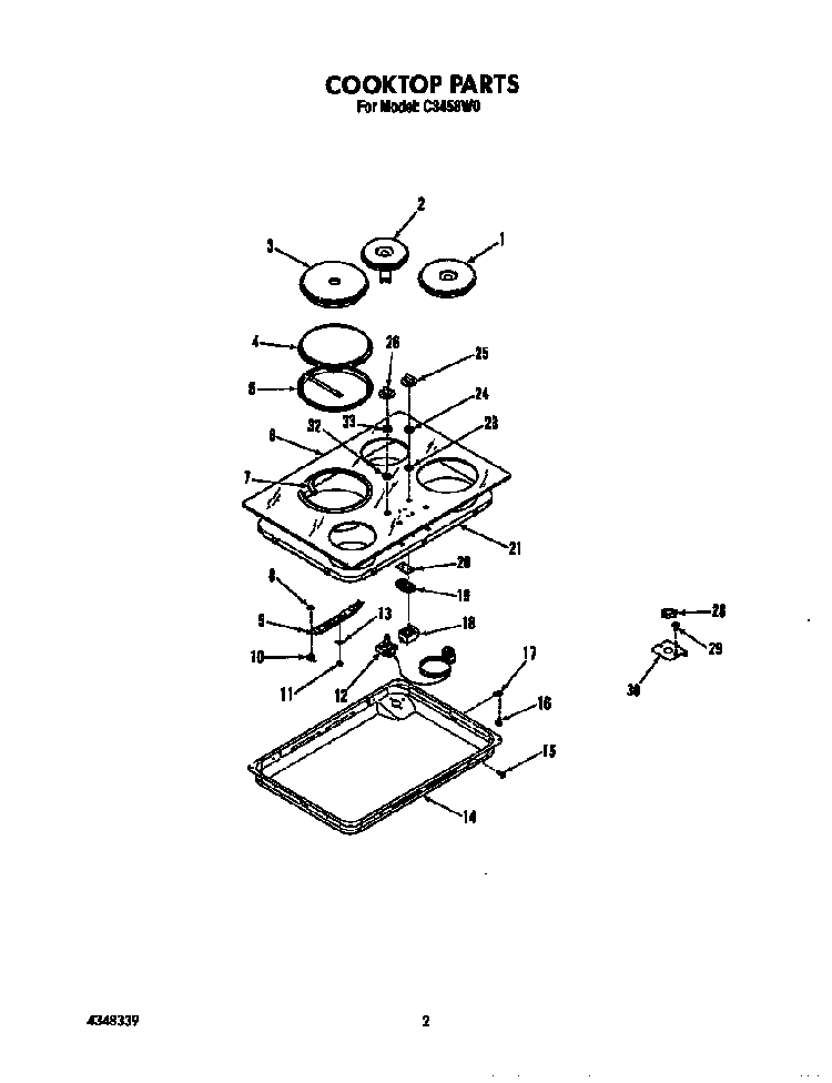 Cooktop Diagram and Parts List for C3458W0  Roper Range