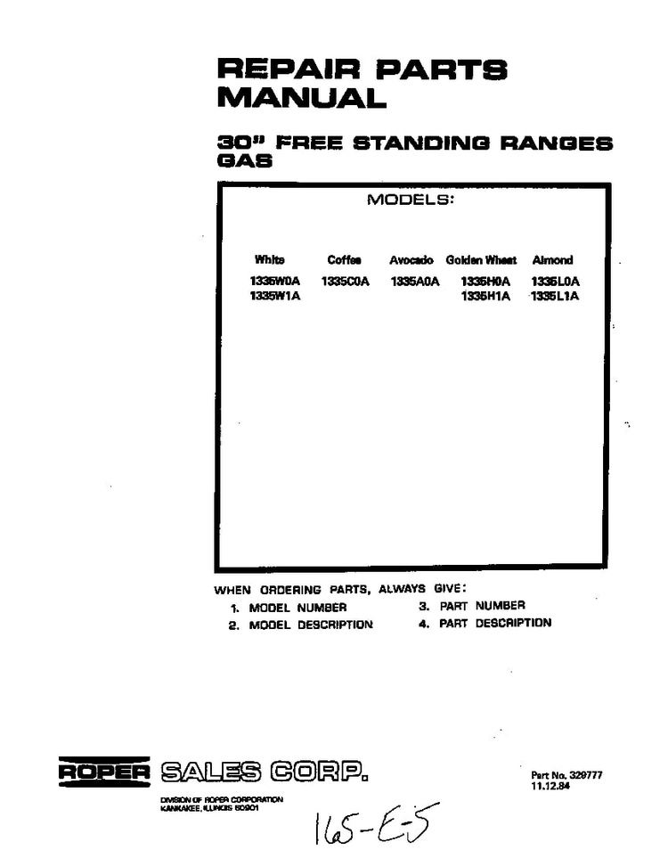Cover Page-text Only Diagram and Parts List for 1335*0A  Roper Range