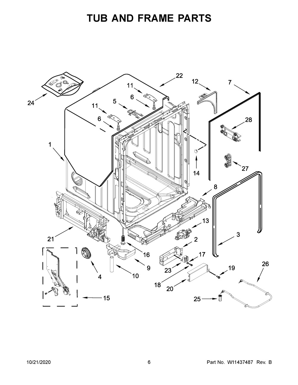 Tub And Frame Parts Diagram and Parts List for KDTM604KBS0  Whirlpool Dishwasher