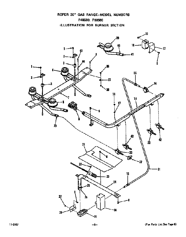 Burner Diagram and Parts List for F6858*0  Roper Range