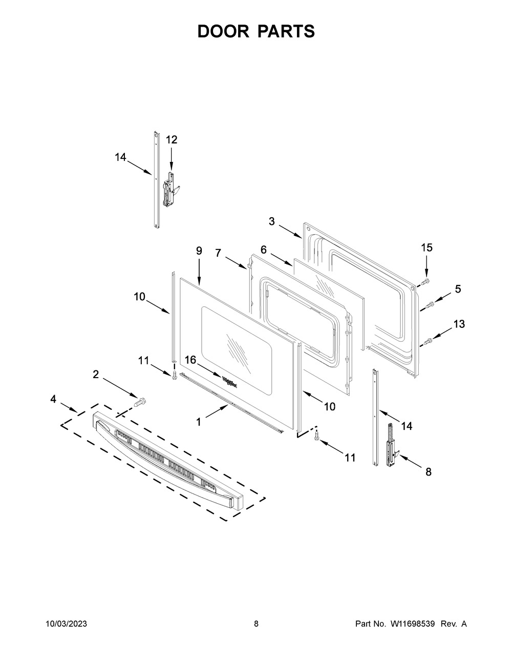 Door Parts Diagram and Parts List for WFE505W0JZ4  Whirlpool Range