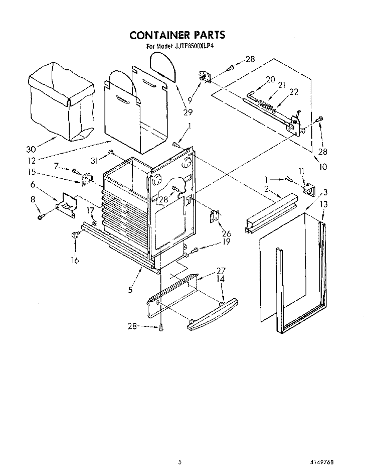 CONTAINER Diagram and Parts List for JJTF8500XLP4  Whirlpool Trash Compactor