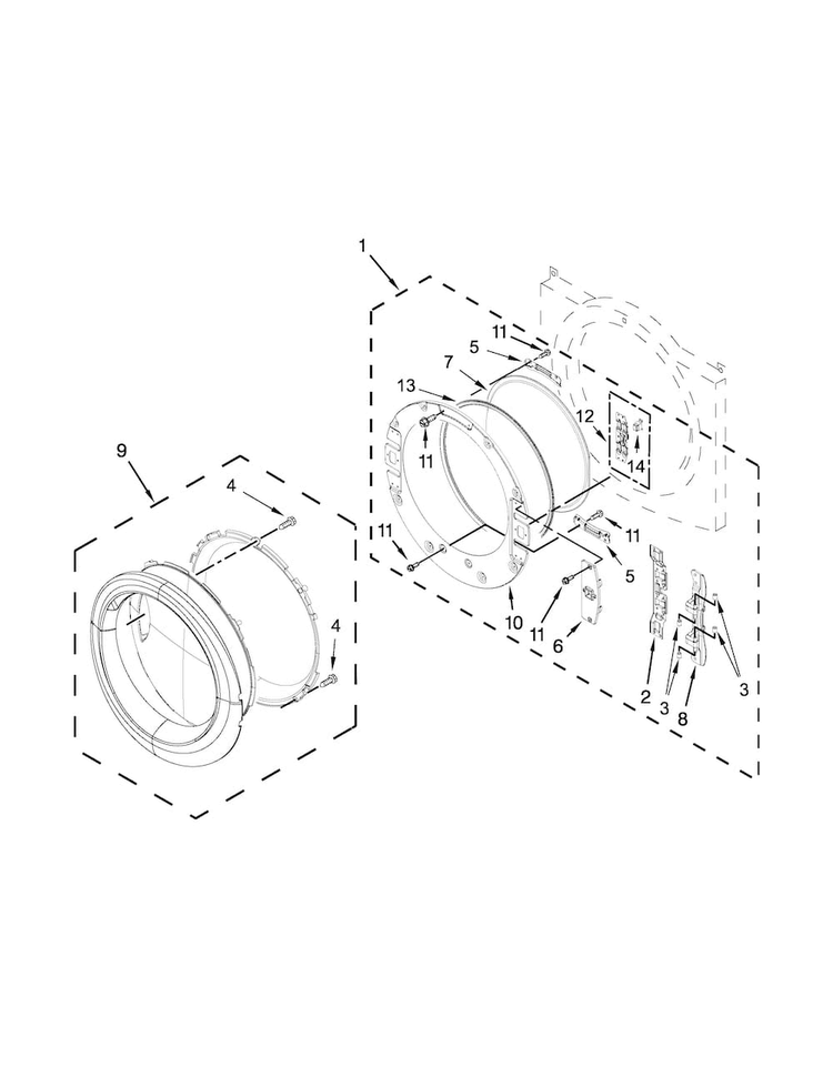 Door Parts Diagram and Parts List for WED87HEDW1  Whirlpool Dryer