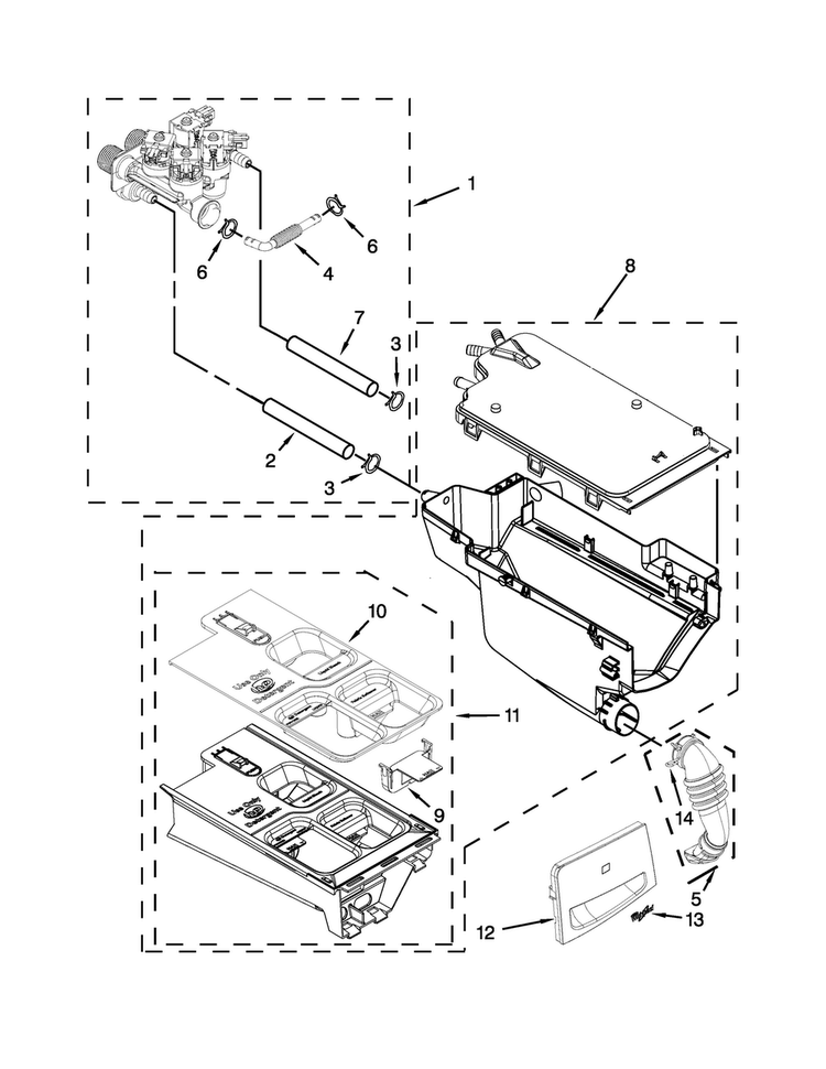 Dispenser Parts Diagram and Parts List for WFW61HEBW0  Whirlpool Washer