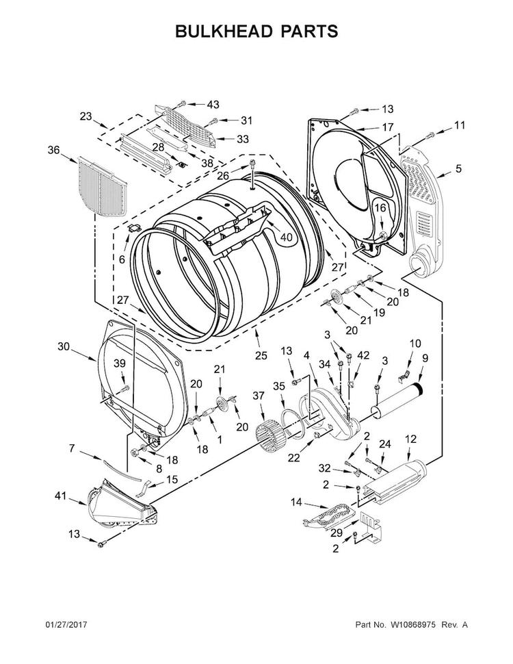 Bulkhead Parts Diagram and Parts List for CEM2795FQ0  Whirlpool Dryer