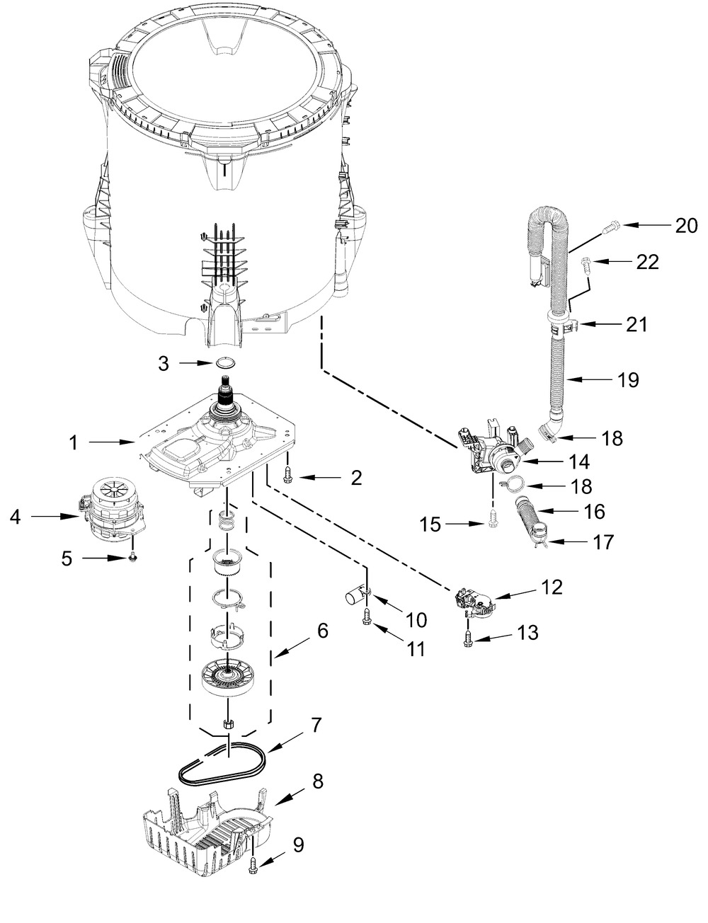 Gearcase, Motor And Pump Parts Diagram and Parts List for MVW6230HW4,MVW6230HC4  Whirlpool Washer
