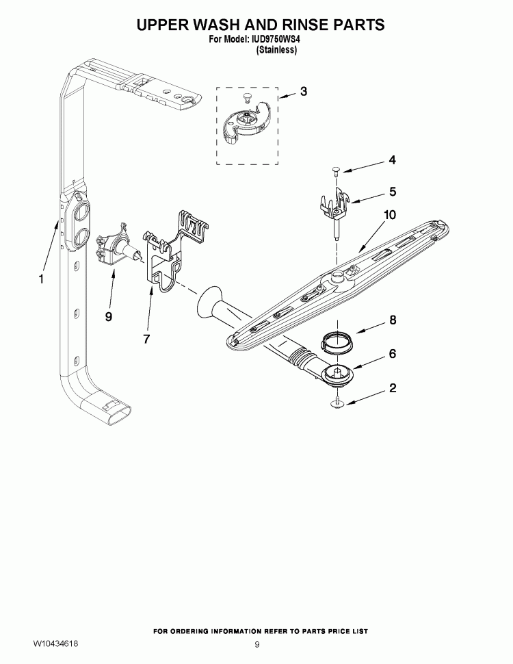 UPPER WASH AND RINSE PARTS Diagram and Parts List for IUD9750WS4  Whirlpool Dishwasher