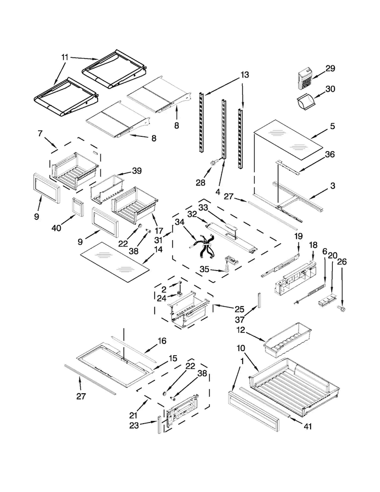 Shelf Parts Diagram and Parts List for WRF990SLAM02  Whirlpool Refrigerator