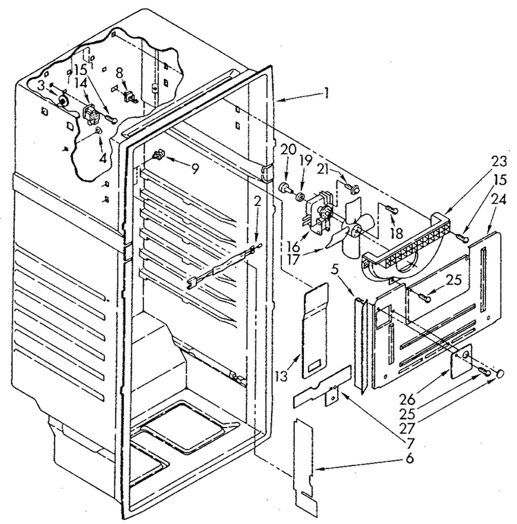 Liner Diagram and Parts List for ET18JKYSG01  Whirlpool Refrigerator