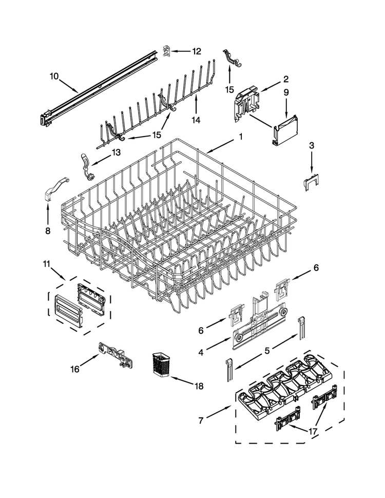 Upper Rack And Track Parts Diagram and Parts List for KUDS30FXPAA  KitchenAid Dishwasher