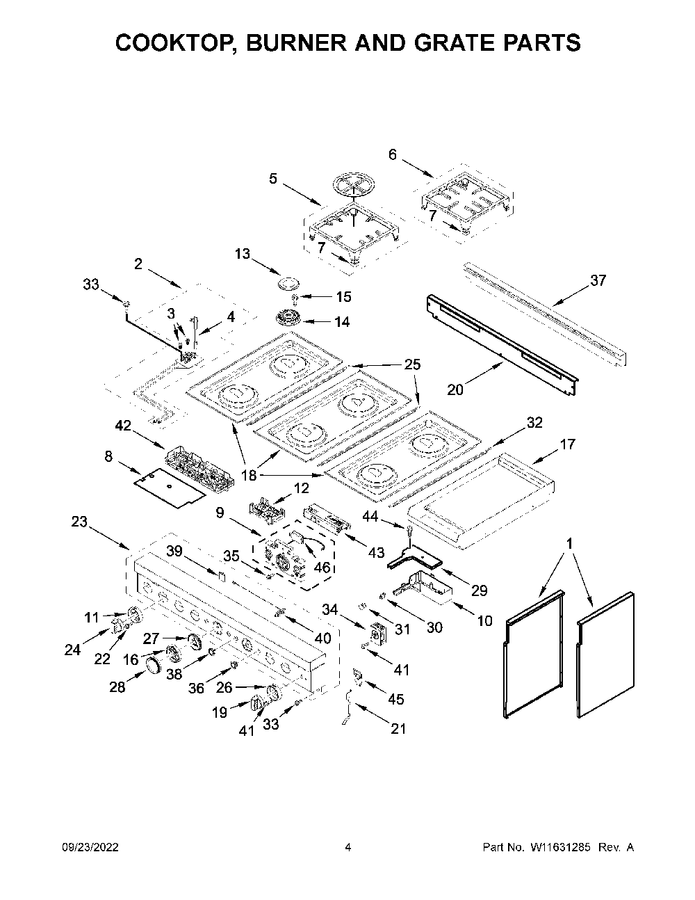 Cooktop, Burner And Grate Parts Diagram and Parts List for KFGC558JSS05  KitchenAid Range