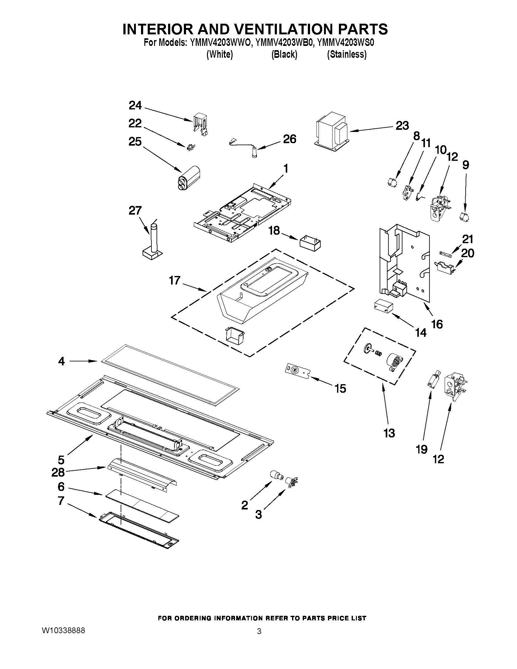 03 - INTERIOR AND VENTILATION PARTS Diagram and Parts List for YMMV4203WS0  Whirlpool Microwave