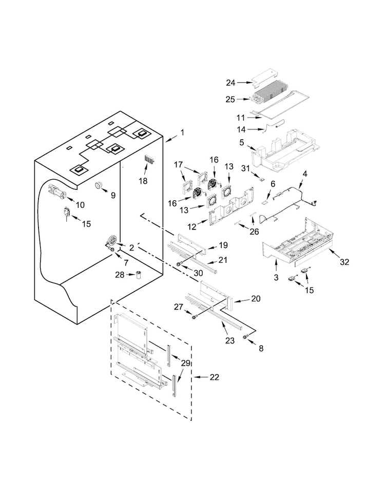 Refrigerator Liner Parts Diagram and Parts List for KBFN502EBS00  KitchenAid Refrigerator