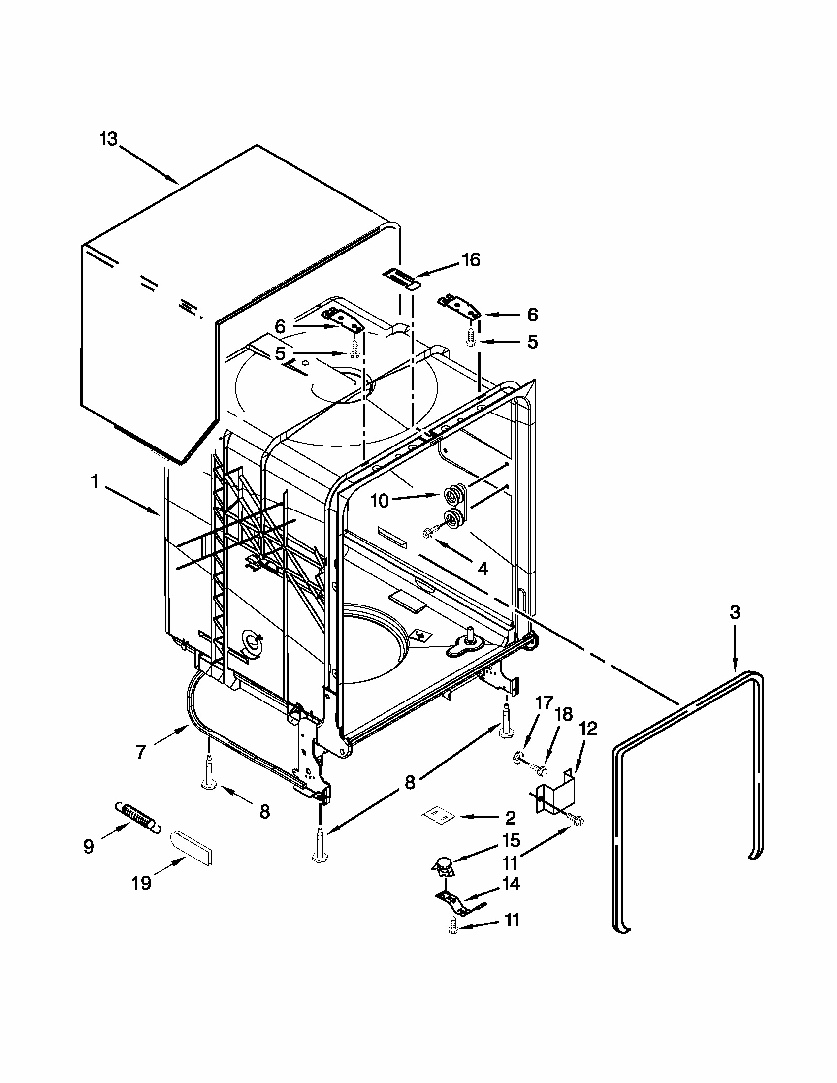 Tub And Frame Parts Diagram and Parts List for 66513272K116  Kenmore Dishwasher