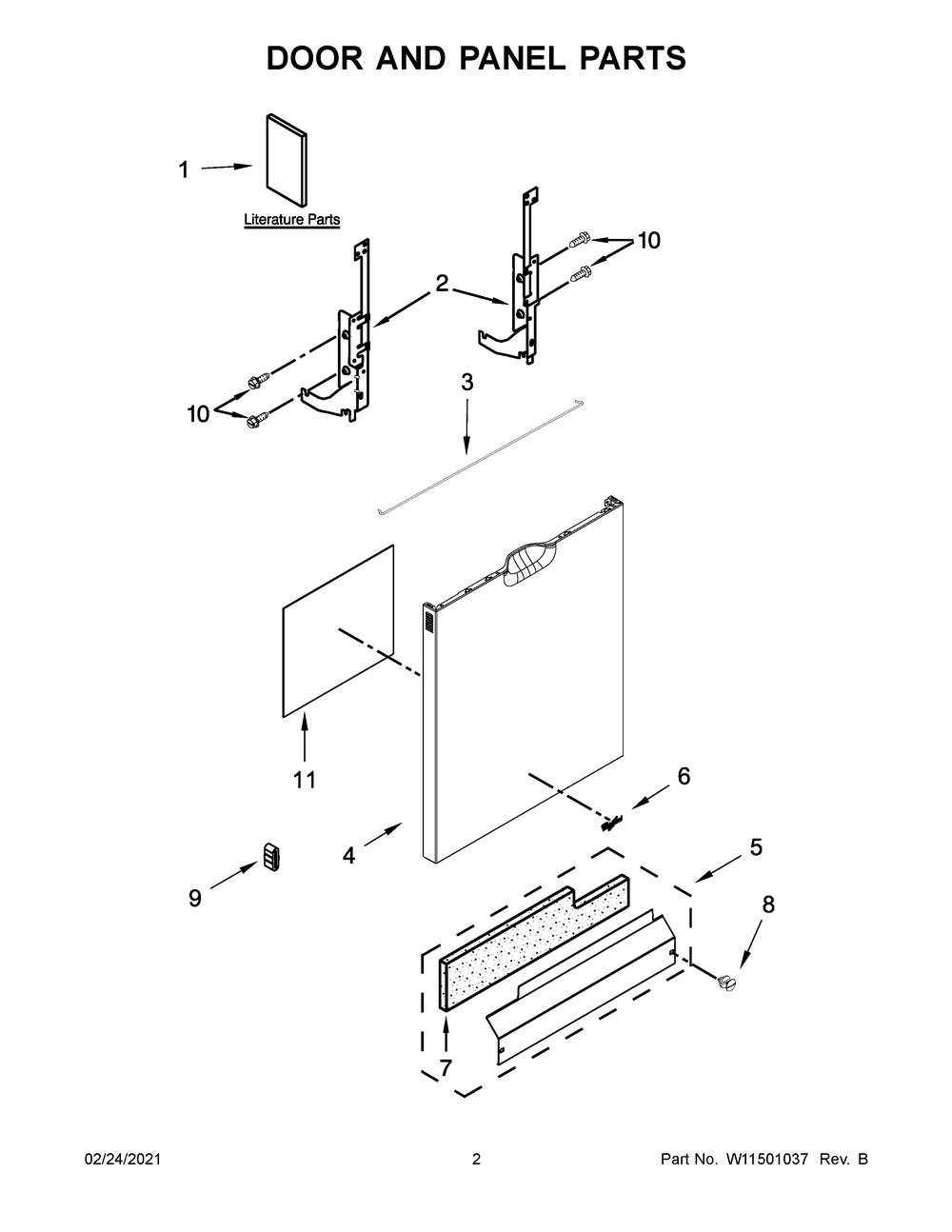 Door And Panel Parts Diagram and Parts List for WDF520PADB8  Whirlpool Dishwasher