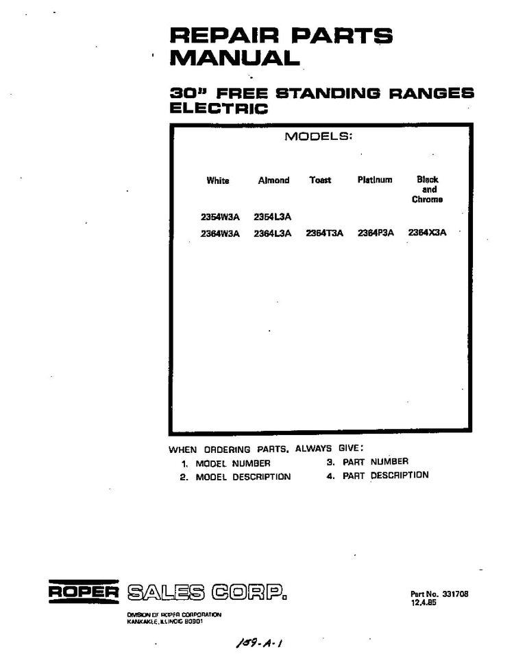 Front Cover Diagram and Parts List for 2354*3A  Roper Range