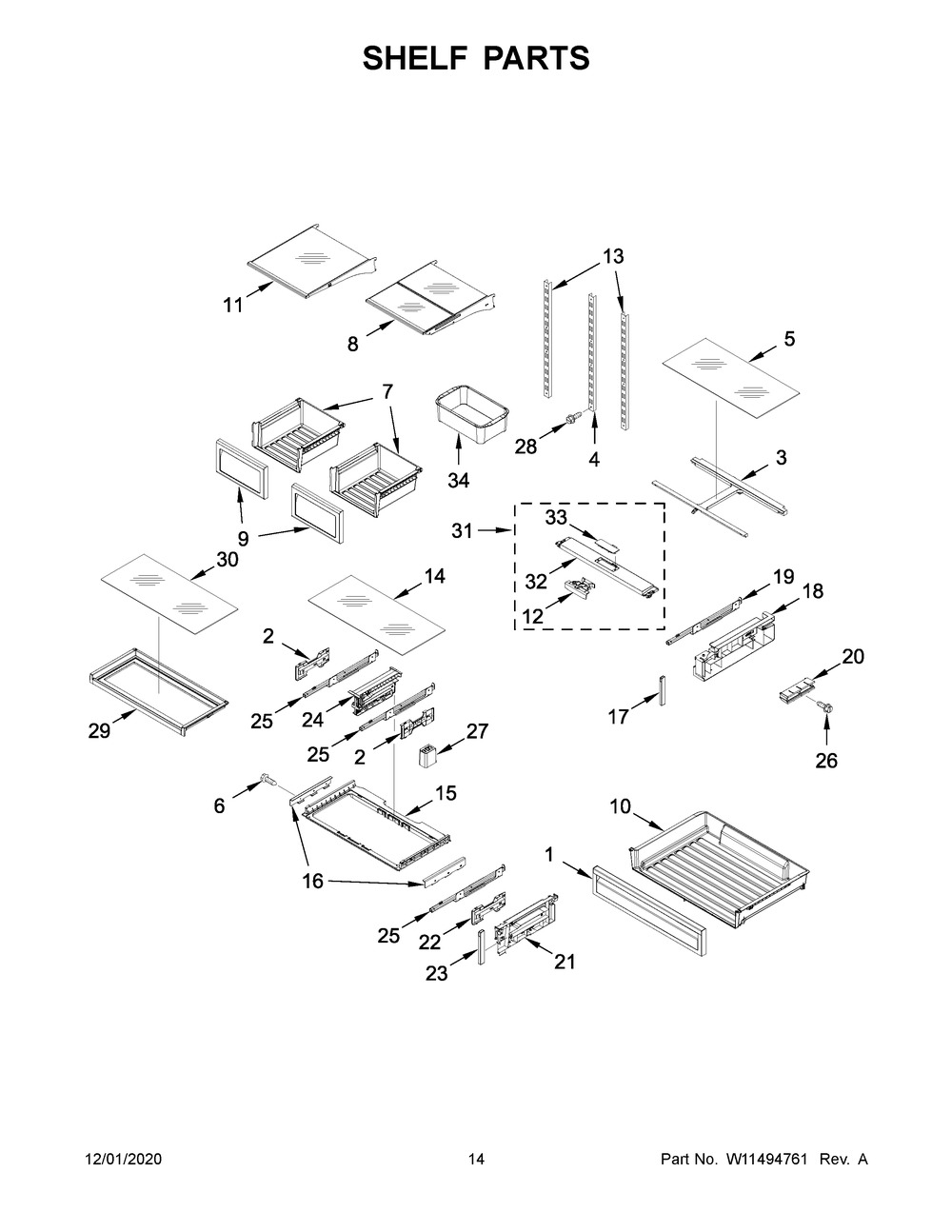 Shelf Parts Diagram and Parts List for KRFF507HWH02  Whirlpool Refrigerator