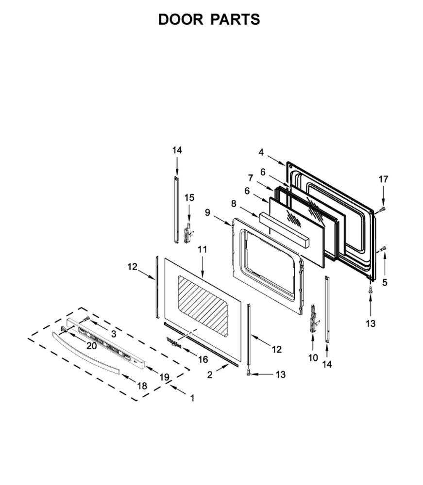 Door Parts Diagram and Parts List for WFG515S0JB1  Whirlpool Range