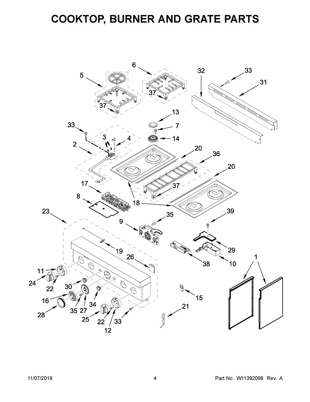 Cooktop, Burner And Grate Parts Diagram and Parts List for KFGC500JBK00  Whirlpool Range