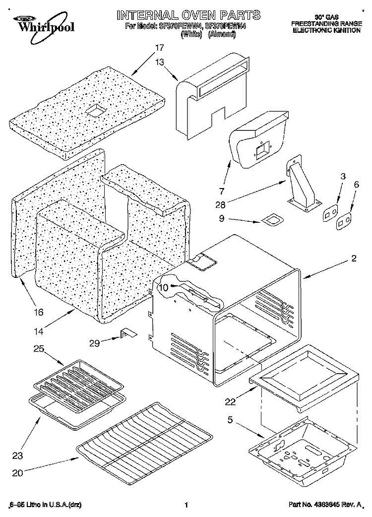 INTERNAL OVEN Diagram and Parts List for SF370PEWN4  Whirlpool Range