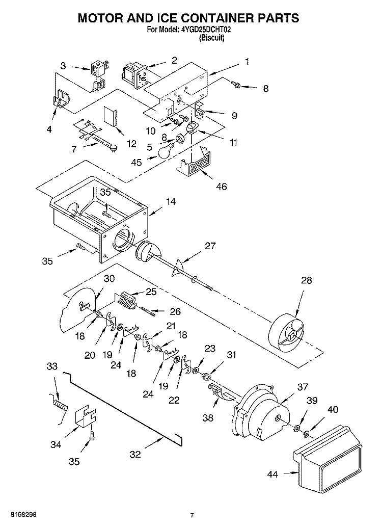MOTOR AND ICE CONTAINER Diagram and Parts List for 4YGD25DCHT02  Whirlpool Refrigerator