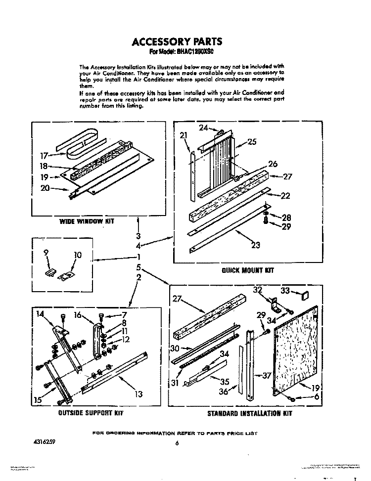 ACCESSORIES Diagram and Parts List for BHAC1250XS0  Whirlpool Air Conditioner