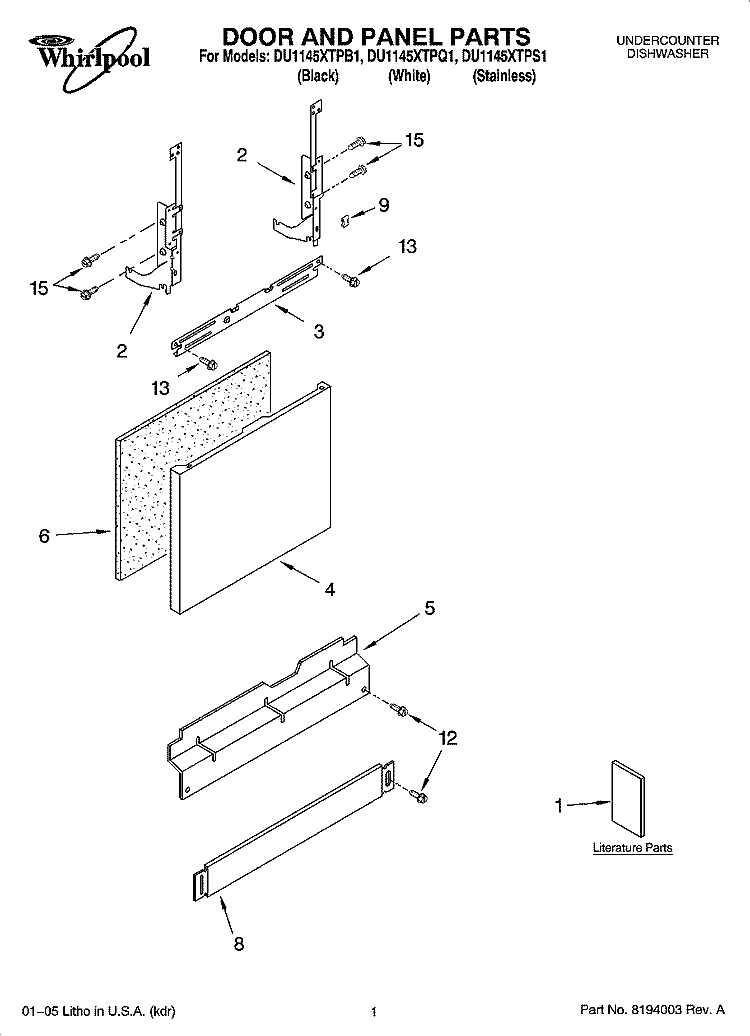 DOOR AND PANEL PARTS Diagram and Parts List for DU1145XTPB1  Whirlpool Dishwasher
