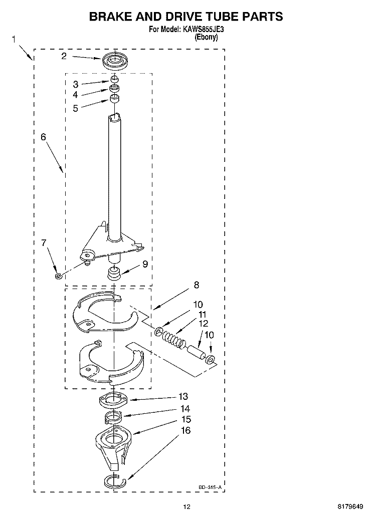 BRAKE AND DRIVE TUBE Diagram and Parts List for KAWS855JE3  KitchenAid Washer